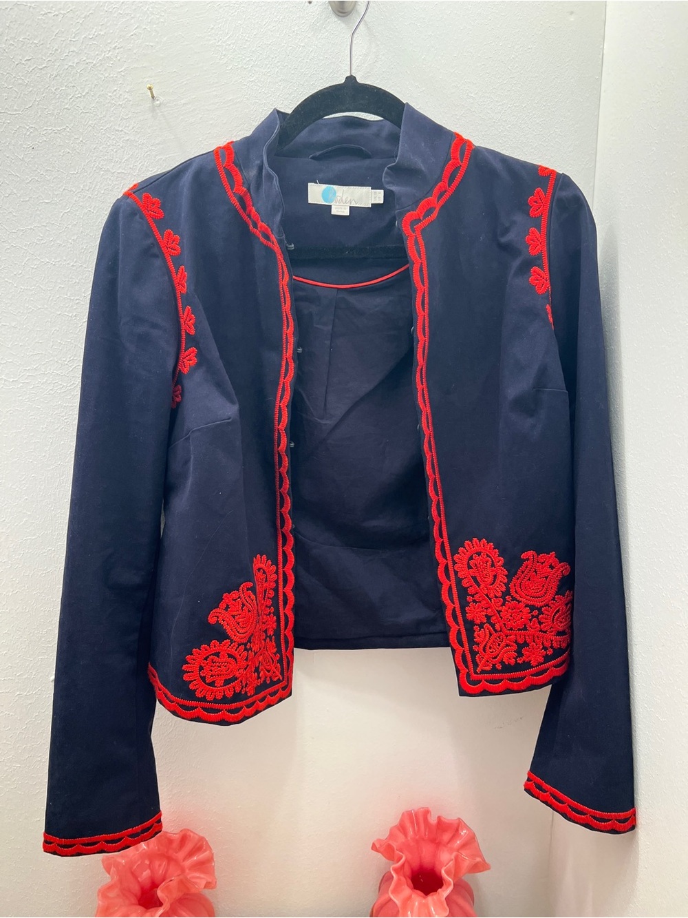 Boden Navy Cropped Jacket with Red Embroidery